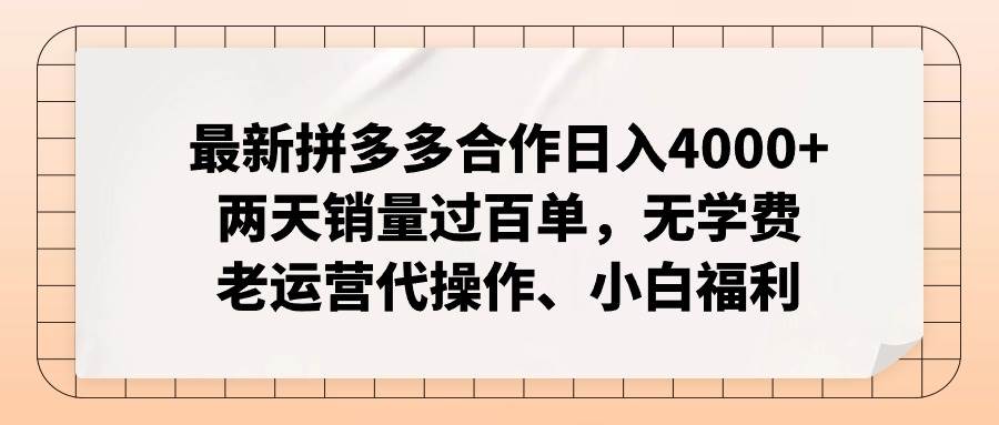 最新拼多多合作日入4000+两天销量过百单，无学费、老运营代操作、小白福利-万图副业网