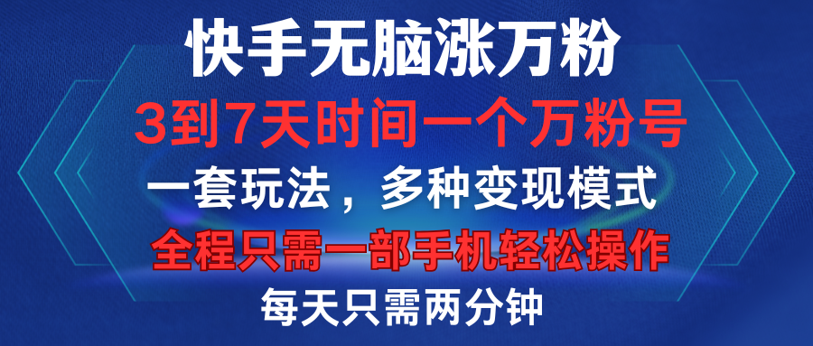 快手无脑涨万粉，3到7天时间一个万粉号，全程一部手机轻松操作，每天只需两分钟，变现超轻松-万图副业网