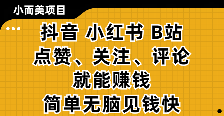 小而美的项目，抖音、小红书、B站视频点赞、关注、评论就能赚钱，简单无脑立见收益！妥妥的零撸项目-万图副业网