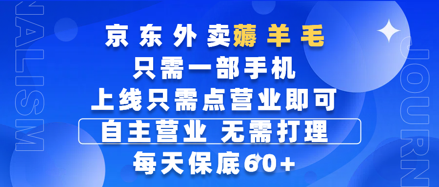 京东外卖薅羊毛，只需一部手机随时随地皆可操作，每天上线只需动动手指点营业即可，自主营业，无需打理，每天保底60+，赚钱是如此简单-万图副业网